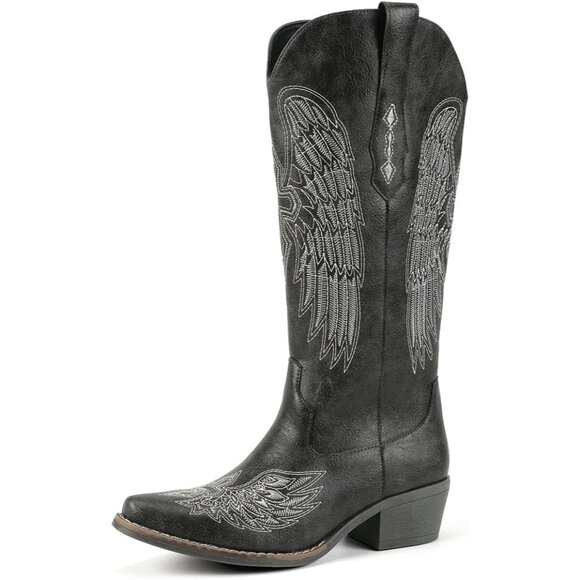 Shoes - Women's Black Gothic Cross & Angel Wing Embroidered Mid Calf High Boots